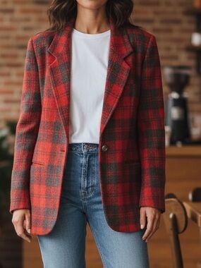 Vintage Reitmans Red Plaid Tartan Wool Blend Button Up Blazer Pockets Size L